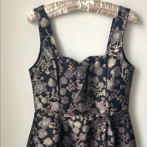 Elegant Navy & Gold Jacquard Midi Dress (M)